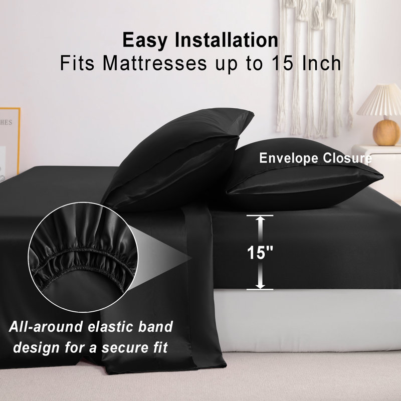 Ensemble de draps en satin 4 pièces Luxury, Noir, noir, noir, noir, Couvre-lit double + 4 pièces supplémentaires