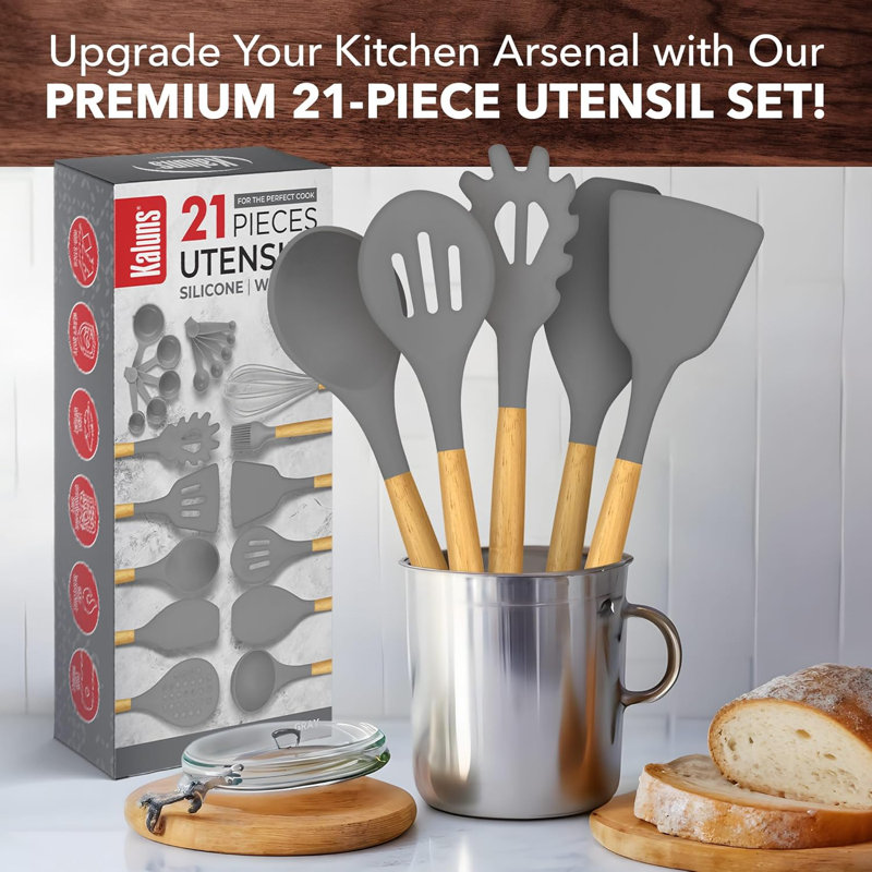 Ensemble d'ustensiles de cuisine en silicone 21 pièces Kaluns - Outils de cuisson antiadhésifs de qualité supérieure avec poignées en bois, résistant à la chaleur jusqu'à 446 ° F