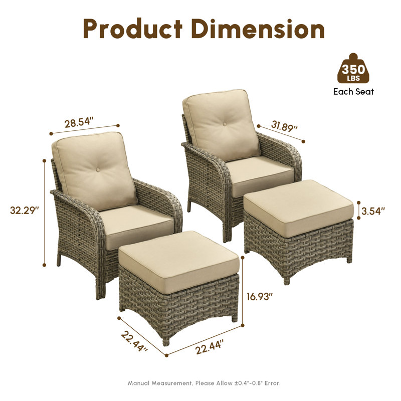 2-Person Outdoor Seating Group With Cushions And Ottomans,  All-Weather Wicker Patio Set, Beige