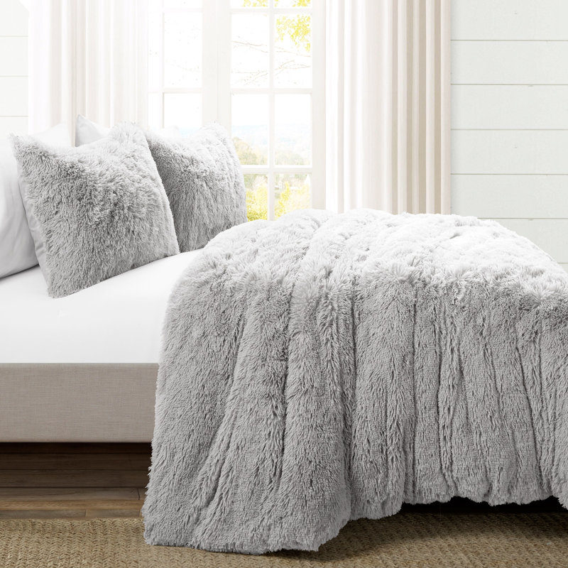 Emma Faux Fur Microfiber 3 Piece Duvet Cover Set, Queen Duvet Cover, Light Gray