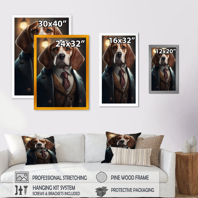 Mafia Beagle II - impression sur toile, Impression dorée sur toile encadrée, H 32 po x l 16 po x P 1 po