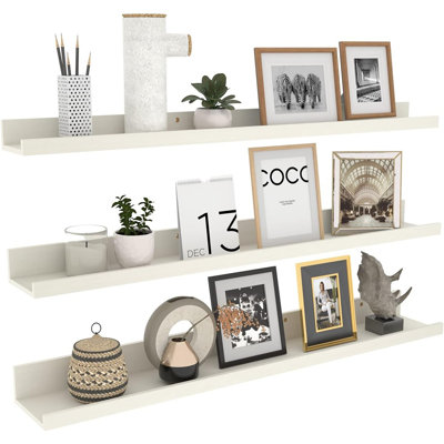 Floating Shelves Wall Mounted Set Of 3, Wooden Long Picture Ledge Shelf For Living Room Bathroom Bedroom Kitchen Office, Creamy White