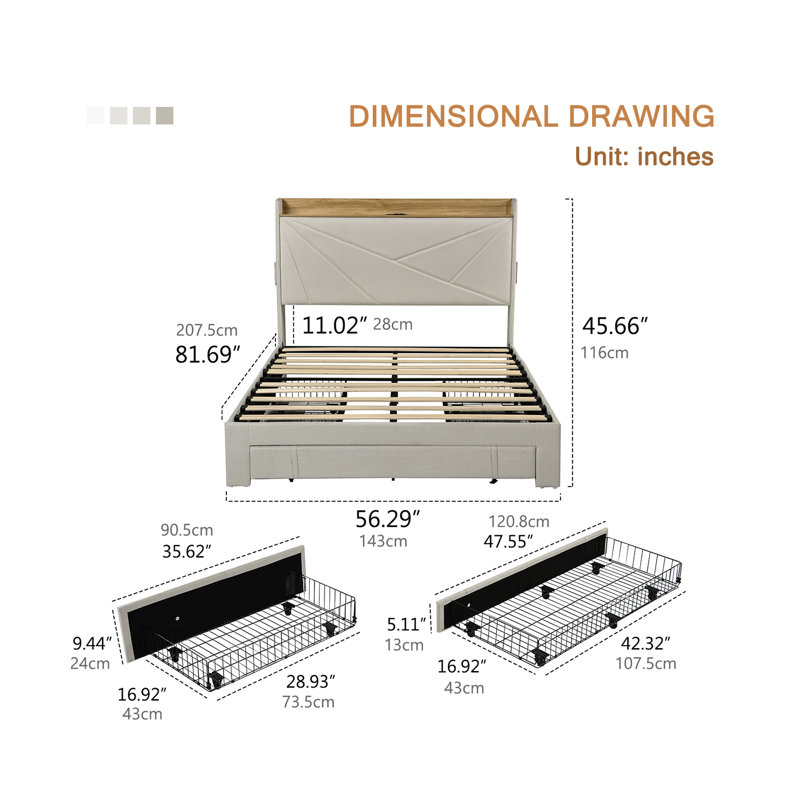 Bed Frame with Headboard, Farmhouses Platform Bed Frame with 3 Storage Drawers and USB Port for Home, Hotel, Guesthouse, Full