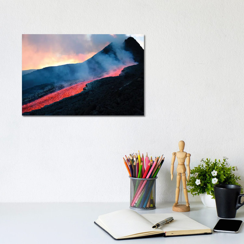 Lava Flowing From Base Of Hornito During Eruption Of Mount Etna Volcano by Richard Roscoe - Wrapped Canvas Print