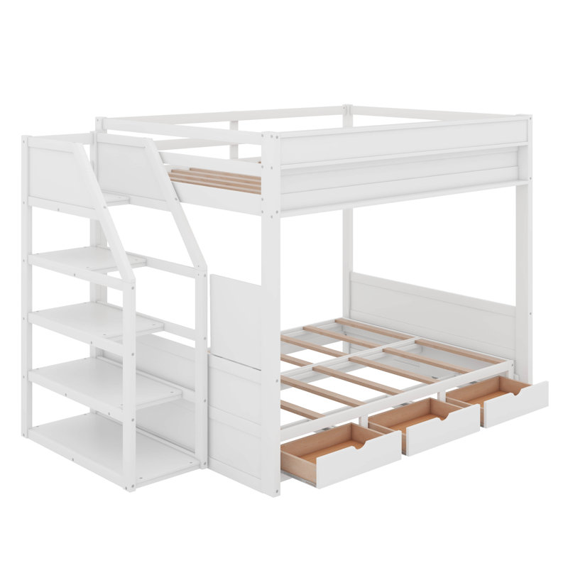 Full Size Convertible Bunk Bed With Drawers, White