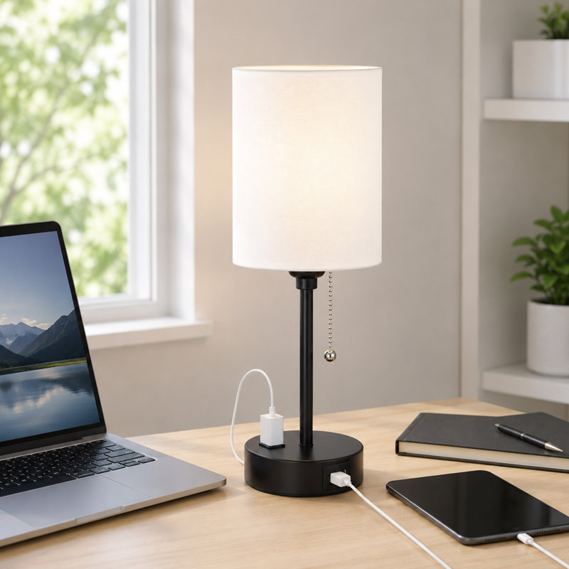 14'' Black Table Lamp with USB-C, USB-A, Outlet and 3 Color Temperatures