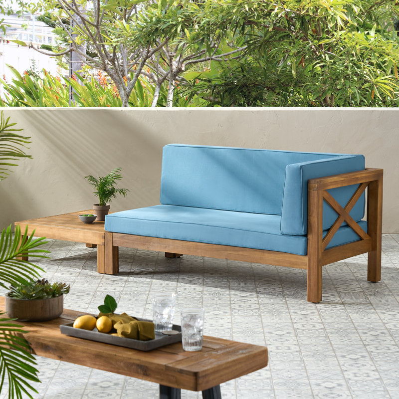 Ensemble de causeuse et table basse d'extérieur en bois d'acacia Seana, Accoudoir à droite (vu de face), Bleu, Teck