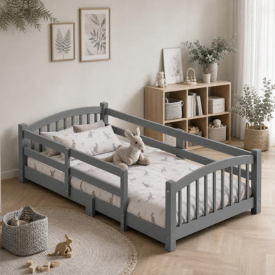 Matte Grey Twin Montessori Kids Floor Bed, Solid Pine Toddler Bed with Continuous Safety Barriers, Slatted Support Bed Frame