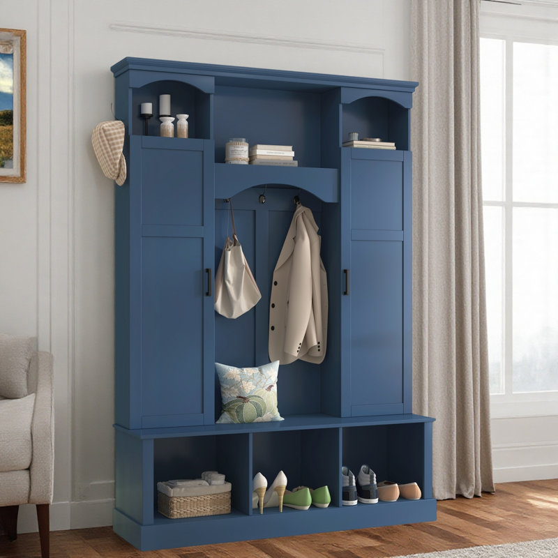 Modern Hall Tree With Adjustable Shelves, Side Cabinets, Top Compartments And Hooks, Blue