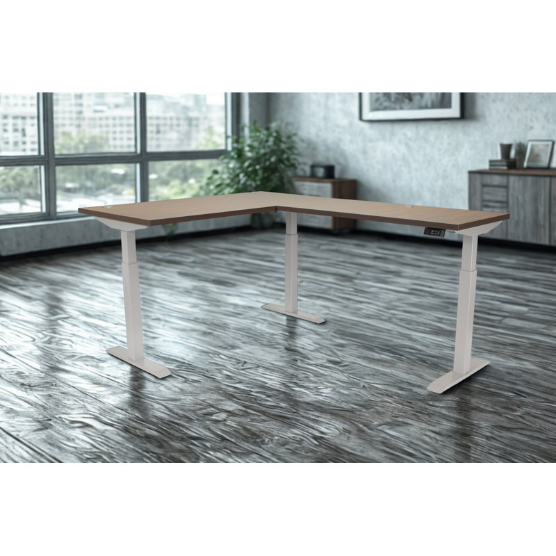 Skyline Electric Height Adjustable 66x30x48x24 L-Shape Standing Desk for Office and Home, Walnut Block Top with Brushed Silver Frame