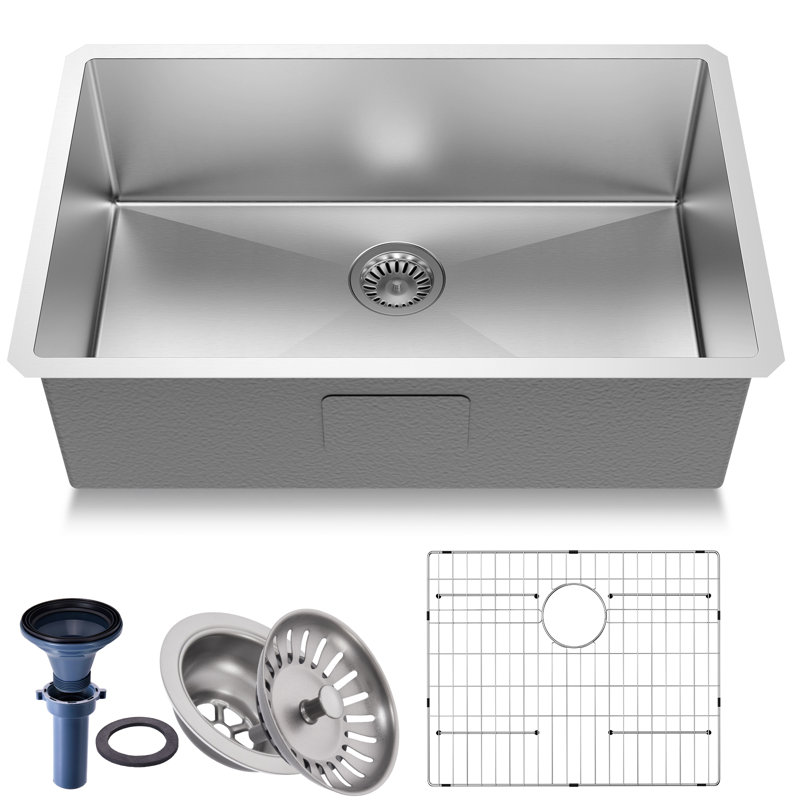 Frogink 27 inch Udermount Handmade 18 Gauge Single Bowl Stainless Steel Kitchen Sink with Accessories.27"L x 18"W x 10"D