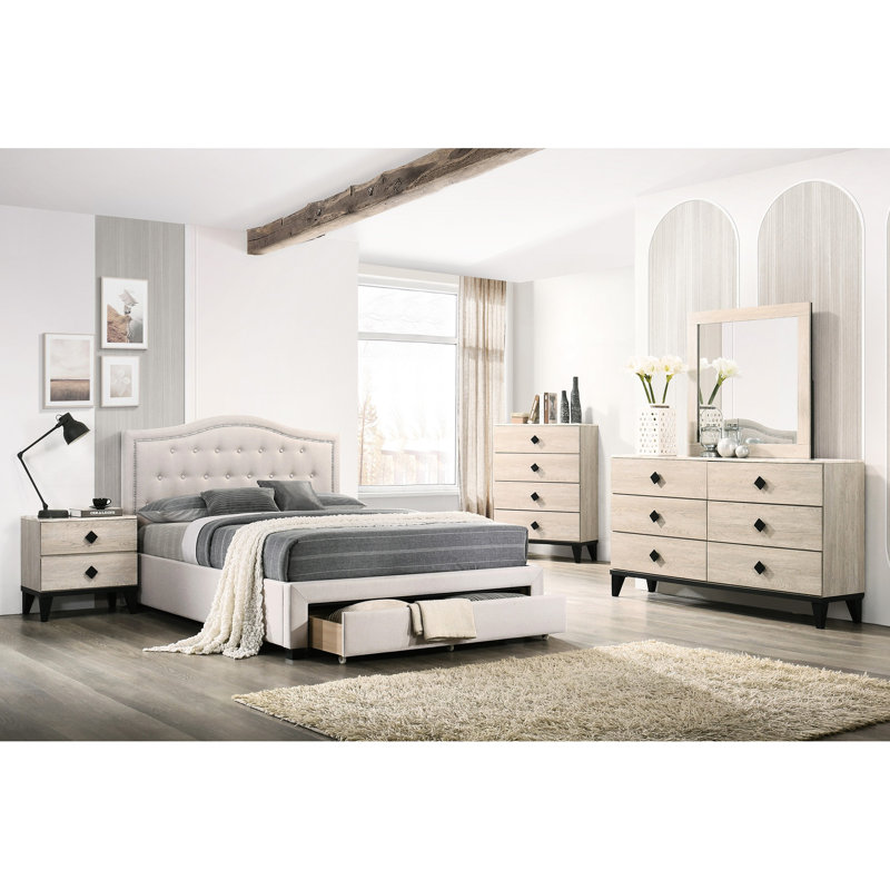 Lit en tissu de jute brun, lit double avec tête de lit et tiroir de rangement, chambre à coucher au design moderne