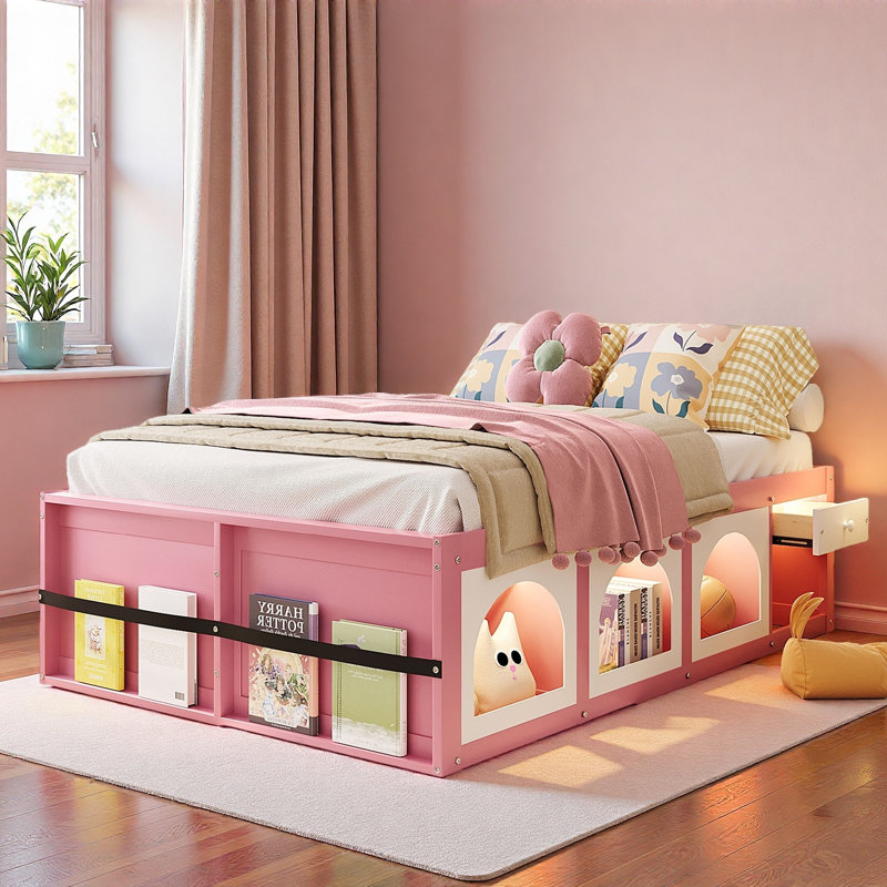 Lit plateforme en bois avec bibliothèque, vitrine, éclairage à DEL et tiroir, Lit double, Rose