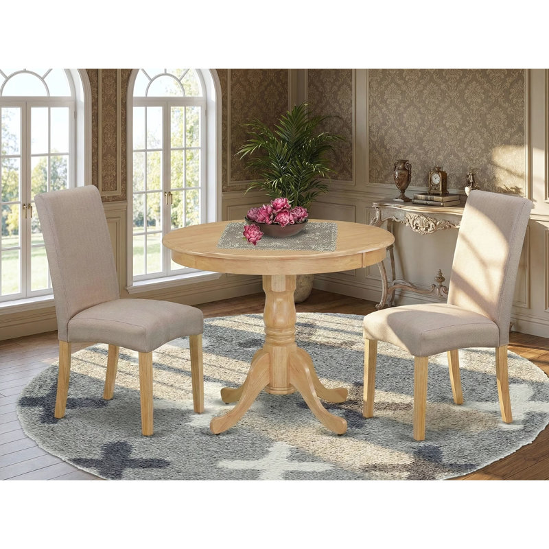 3 Piece Dining Table Set Contains a Round Kitchen Table with Pedestal and 2 Dark Khaki Linen Fabric Upholstered Kitchen Chairs, Oak