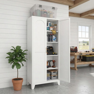 Armoire de rangement 71 po en métal avec 2 portes galbées, organisateur utilitaire à tablettes réglables, blanc doux
