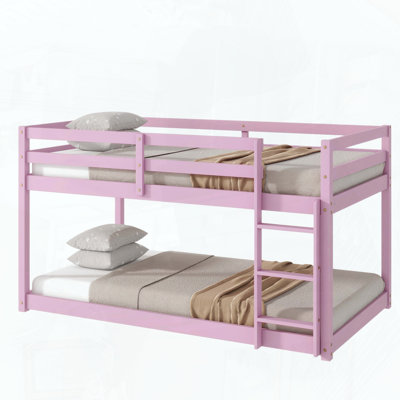 Twin Over Twin Rubber Wood Floor Bunk Bed with Ladder (Upper Slats Only)