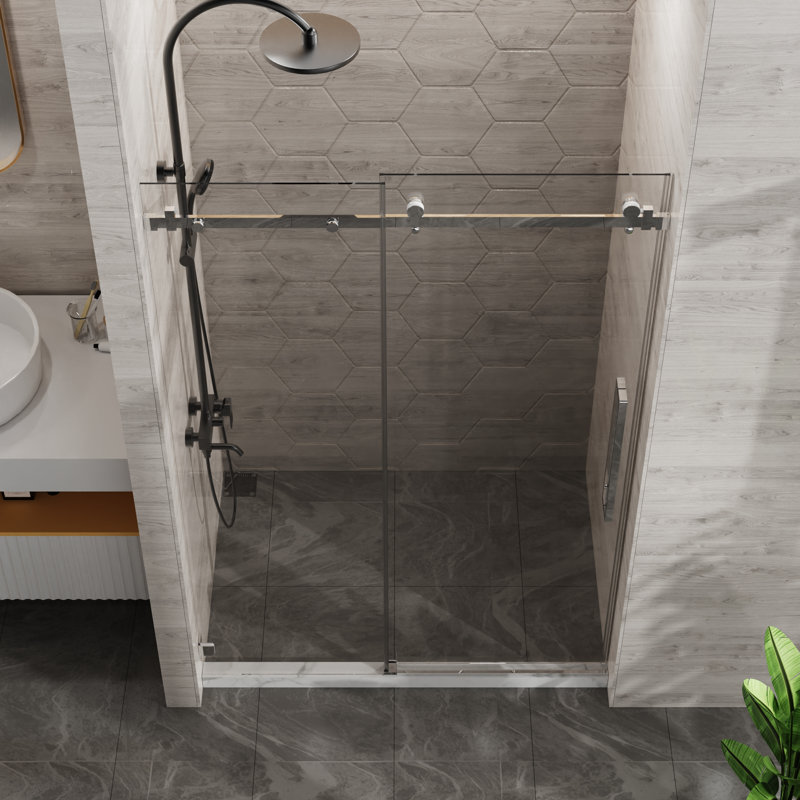 44-48" W X 72" H Sliding Shower Door, Frameless Sleek Glass Shower Door, 1/4" (6Mm) Thick Tempered Clear Glass With Easy-Clean Coating, Stainless Steel Hardware,Chrome
