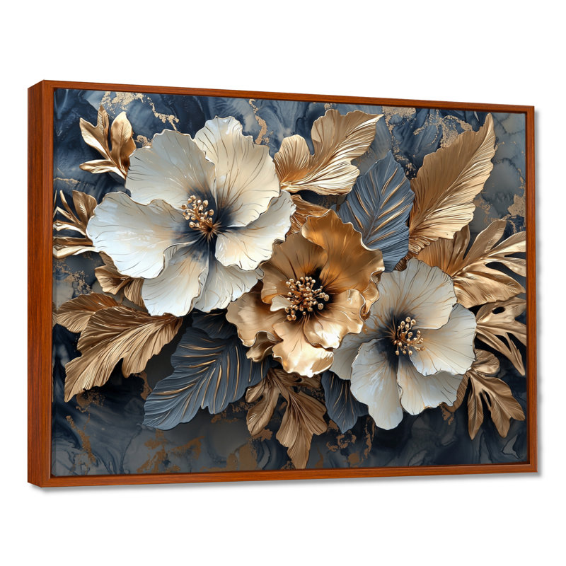 Clarise Goldem Hibiscus liquide Art Harmony II - art mural sur toile Hibiscus, H 30 po x l 40 po, Cadre flottant, Brun