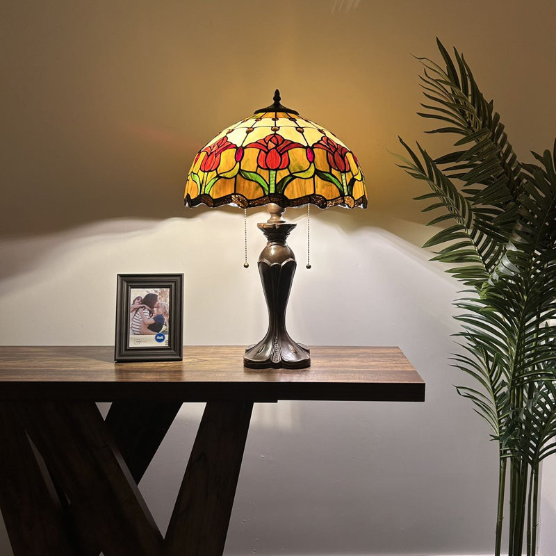 Halona Tiffany Table Lamp Stained Glass Tulips LED Bulbs Included Pull Chain Switches 16"W*16"D*24"H, Red