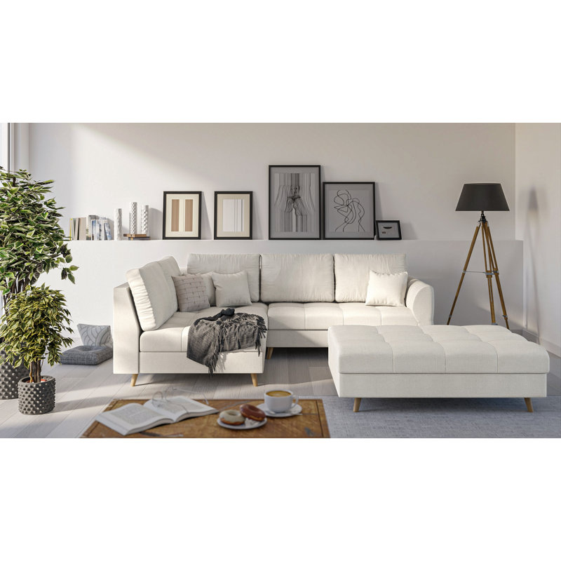 Corner Sofa And Footstool with Wooden Legs In Scandinavian Style Knutsford, Ecru, Left Hand Facing
