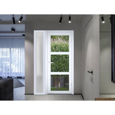 Façade extérieure pré-suspendue Porte en fibre de verre transparent transparent / Manux 8555 verre blanc soyeux transparent / côté extérieur fenêtre / bureau Portes d'entrée commerciales et résidentielles Garage de garage-W30 + 12 po x H80 po -Ins droite