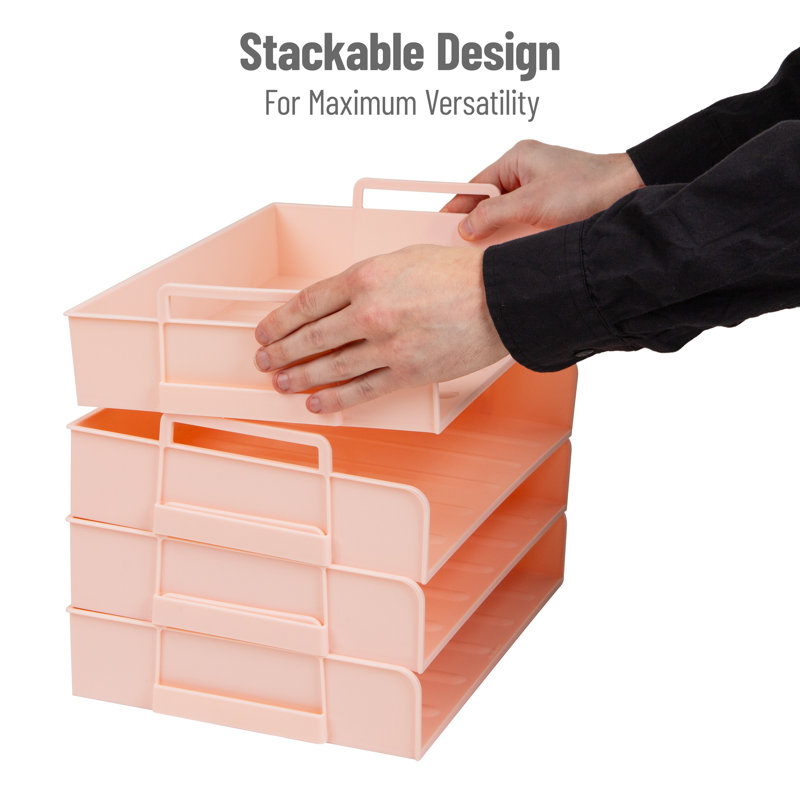 Mind Reader Stackable Paper Tray, Desktop Organizer, File Storage, Office, Plastic, 13.75"L x 10"W x 10.75"H, 4 Pcs, Pink