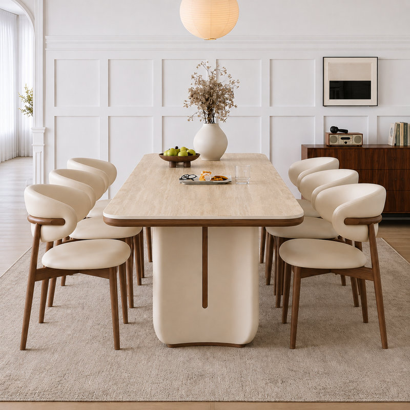 Table de salle à manger rectangulaire moderne de 200 cm (78,74 po) pour 8 à 10 personnes, avec coins arrondis et pied central.