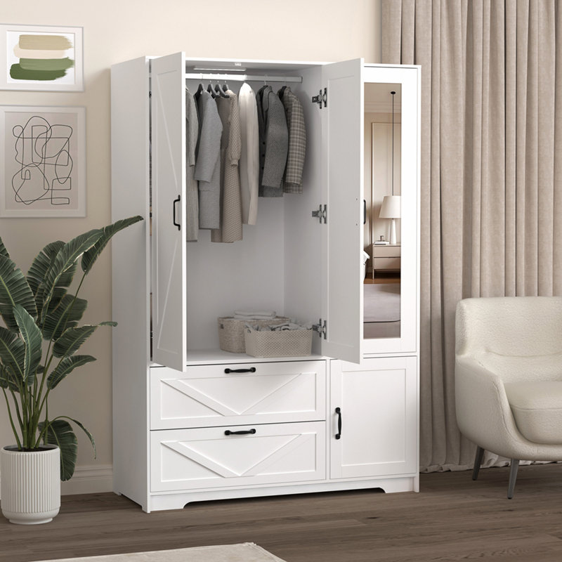 Armoire 4 portes avec miroir, armoire à DEL avec portes et 2 tiroirs, armoire de rangement en bois avec tringle, tablettes réglables, blanc