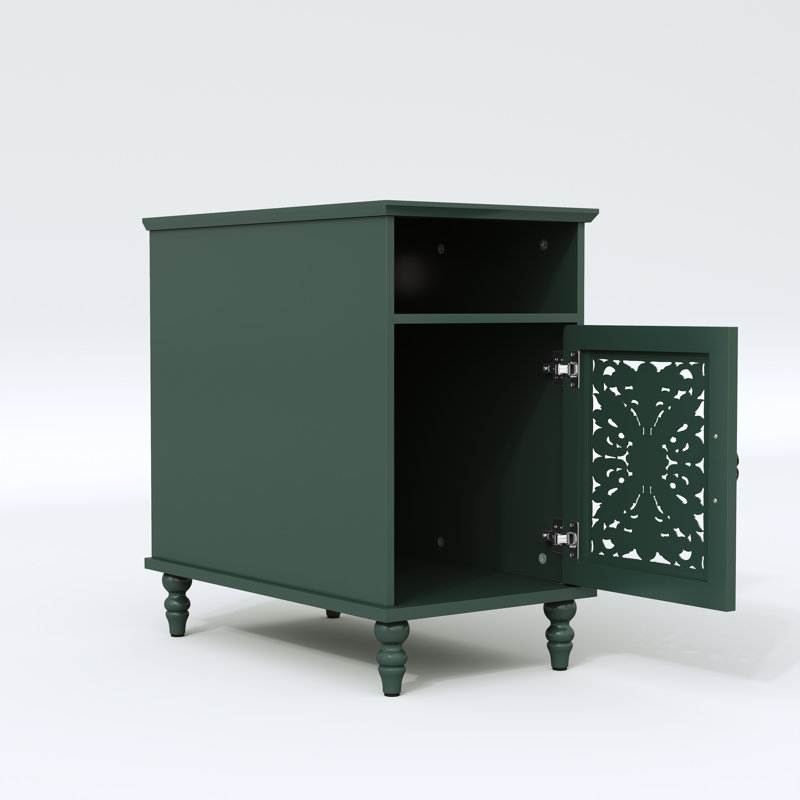 Table de bout rétro avec porte sculptée à la main et station de charge, table de chevet avec armoire et tablette, Vert