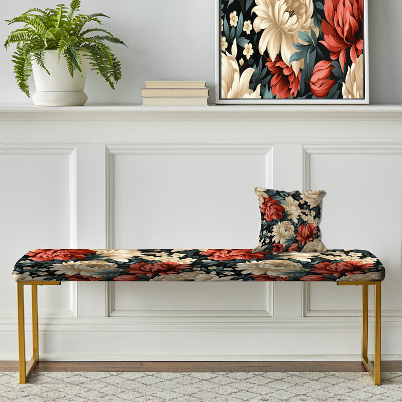 Upholstered Gold Bench, Beige And Red Ornate Damask Legacy