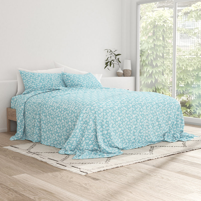 Sheet Set Solid Microfiber Ultra Soft Bedding, Twin Sheet Set with 1 Pillowcase, Pale Blue Floral