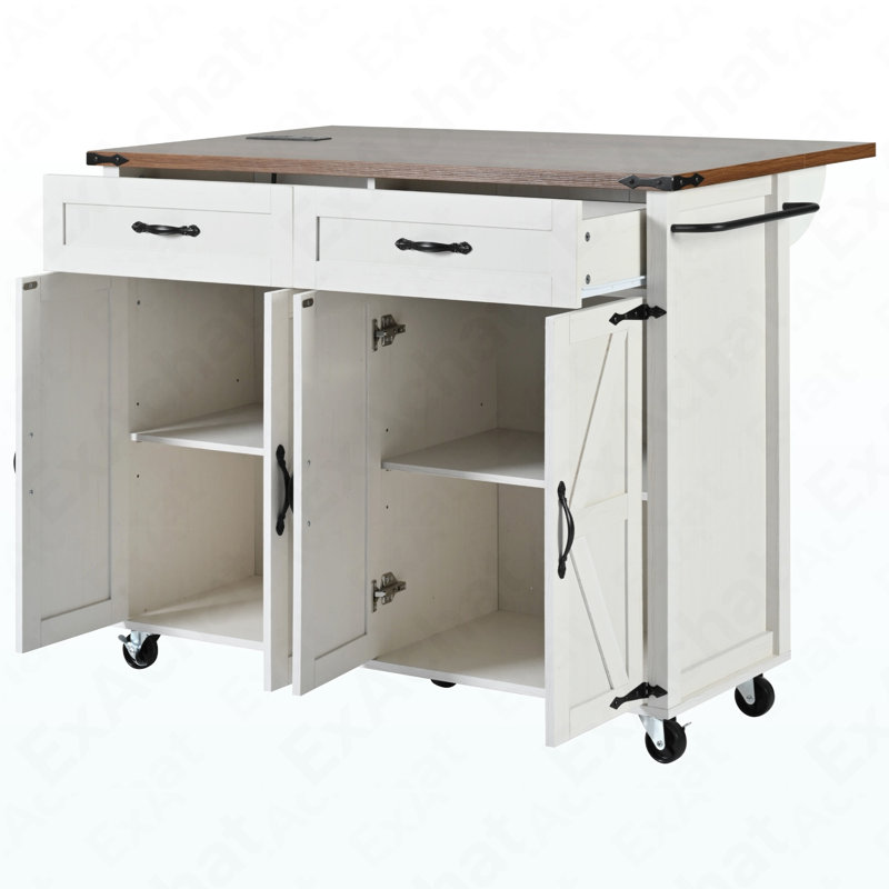 53.5''Farmhouse Kitchen Island With Power Outlet, Kitchen Storage Island With Drop Leaf, Spice Rack And Drawer, Rolling Kitchen Cart On Wheels, For Home, Kitchen And Dining Room, White
