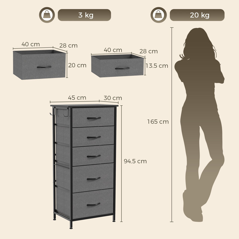 45 cm W Chest of 5 Drawers