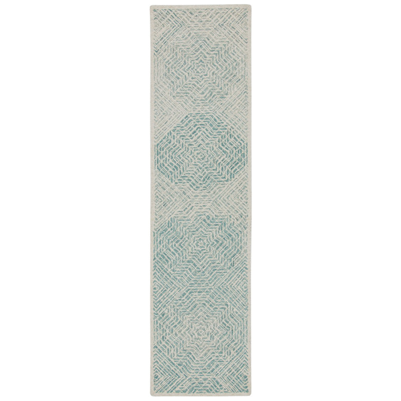 Tapis bleu / ivoire en laine touffeté à la main Milbridge, Tapis de couloir 2 pi 3 po x 9 pi
