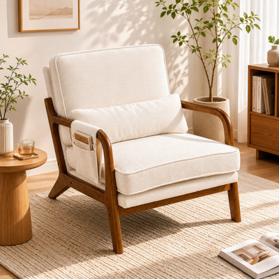  Mid-Century Modern Accent Chair, Solid Wood Armchair with Side Storage Pocket,Beige