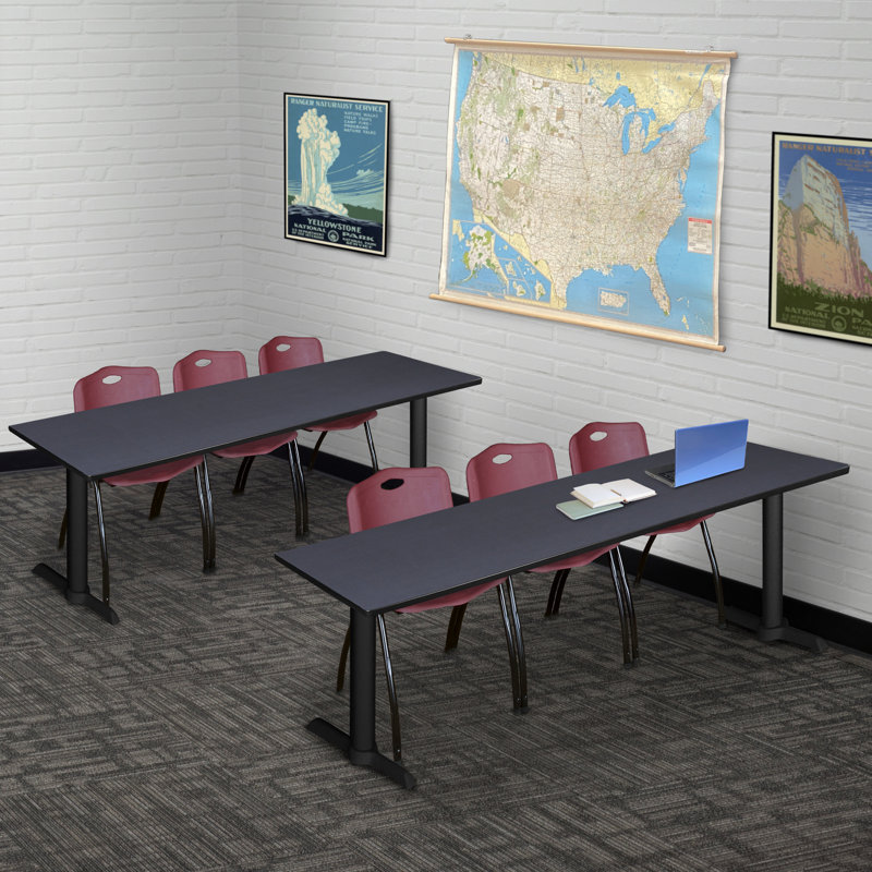 Cain T-Base Training Seminar Table & 3 M Stack Chairs, Grey, Burgundy