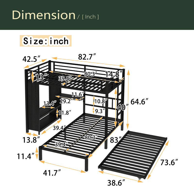 Lit superposé avec garde-robe intégré, lit superposé en métal avec lit gigogne, bureau pliable, échelles, conception à bruit réduit