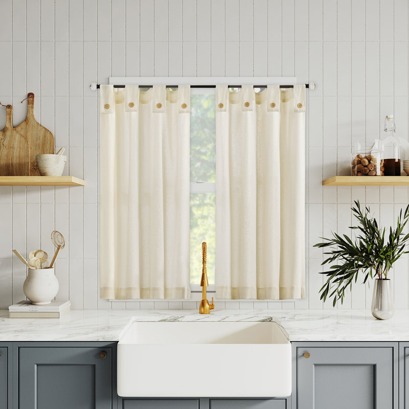 Zaybree Cotton Blend Button Tab Top Cafe Curtain, Cream