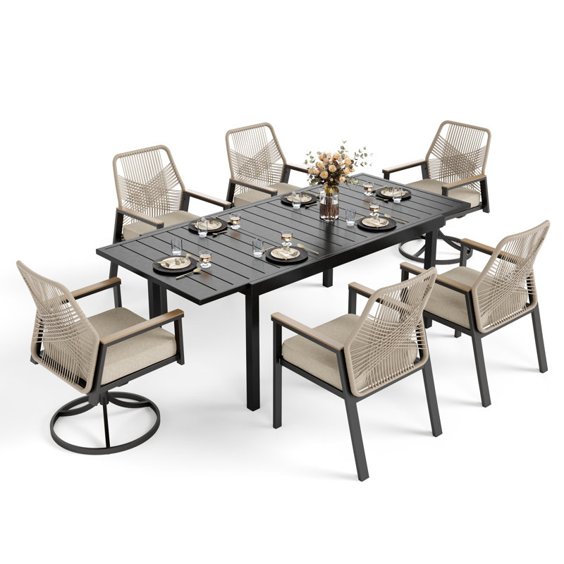 Ensemble repas d'extérieur rectangulaire avec chaises et coussins en rotin Kerrie, 6