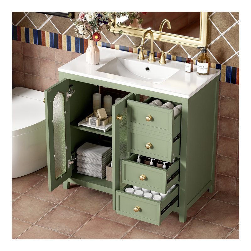 meuble-lavabo de salle de bain avec deux portes à fermeture douce, des tablettes réglables et trois tiroirs