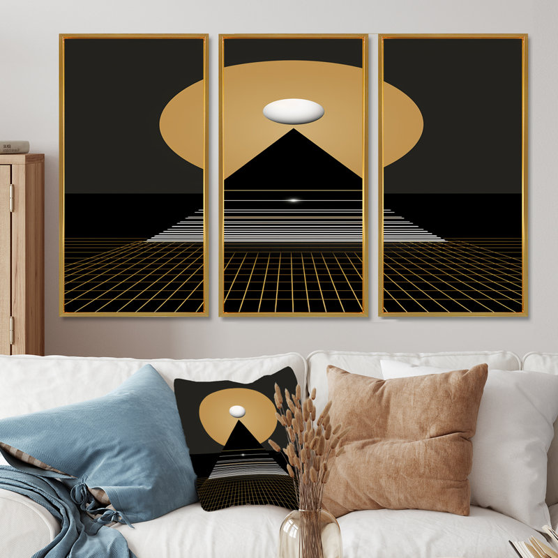 Minimal Gold Moon Mountain - ensemble de décorations murales géométriques, Cadre flottant doré, H 32 po x l 48 po x P 1 po