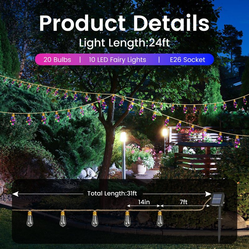Solar Outdoor String Lights 24FT Vintage Rope Hemp Solar Lights With 20 Shatterproof Bulbs,8 Modes Solar Powered String Lights With Memory Function, Waterproof For Garden,Camping,Café