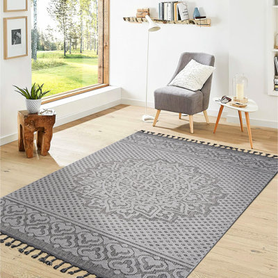 Tapis médaillon 5X7 gris et blanc - Tapis d'aspect moderne
