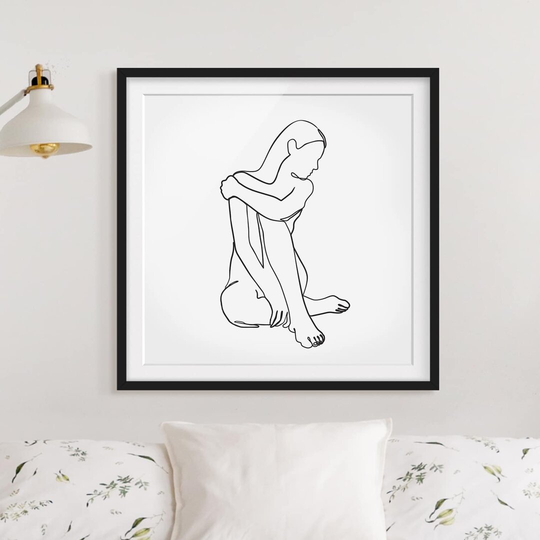 Gerahmtes Poster Line Art Woman Nude Black White