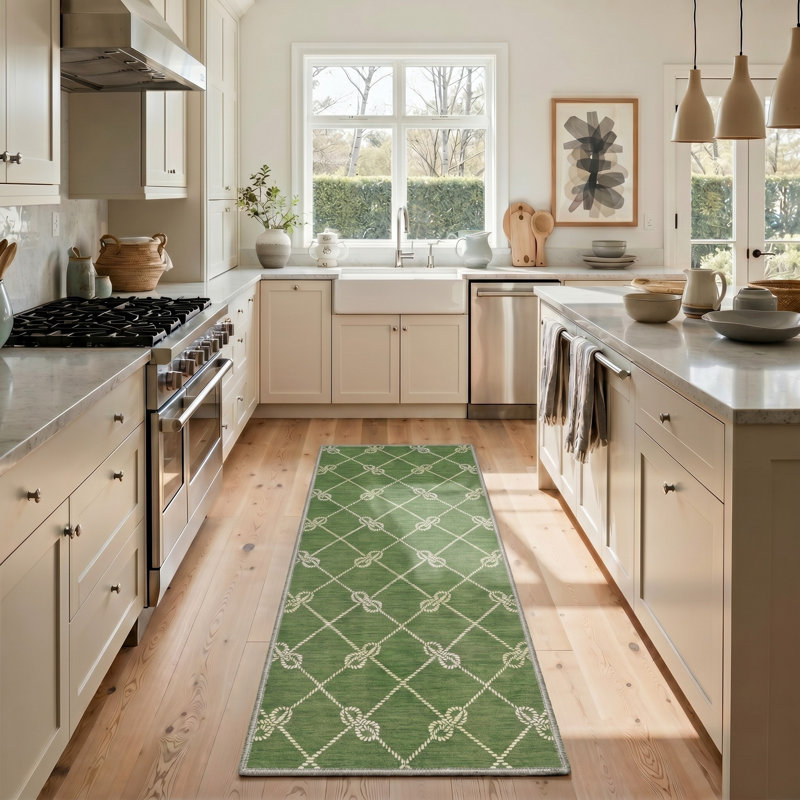 Tapis de couloir géométrique vert / ivoire lavable à la machine avec envers antidérapant, Tapis de couloir 2 pi x 6 pi