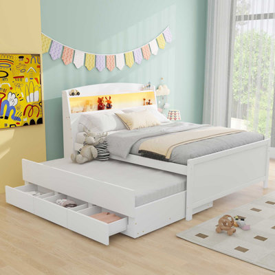 Lit plateforme avec tête de lit à DEL avec rangement, lit gigogne simple et 3 tiroirs, blanc