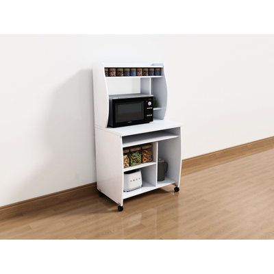 Mobile White Computer Cart With And Spice Rack, Featuring Gliding Utensil Tray Stylish Shape, 29.5 In Depth, 19.51 Width Microwave On Locking Castors, Good For Coffee Machine Setup, Width, Depth