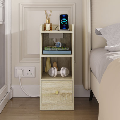 Slim Bedside Tables Set of 2 with Charging Station, Narrow Bedside Cabinet with Drawer, USB & Type-C Ports, Nightstands with Adjustable Shelves for Bedroom, Living Room 