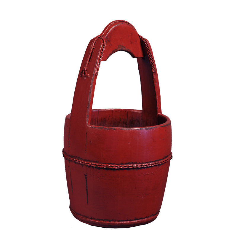 Vintage seau rond avec manche en bois, rouge