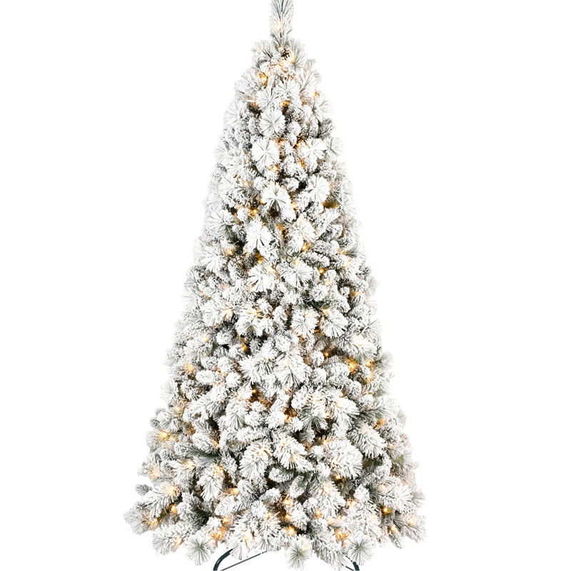 Arbre de Noël floqué de 84 pouces équipé de 450 lumières à DEL blanc chaud, 1060 pointes de branches enneigées, système à charnières pour une installation rapide, support en métal de 7 pieds de haut, éclairage et branches à aiguilles
